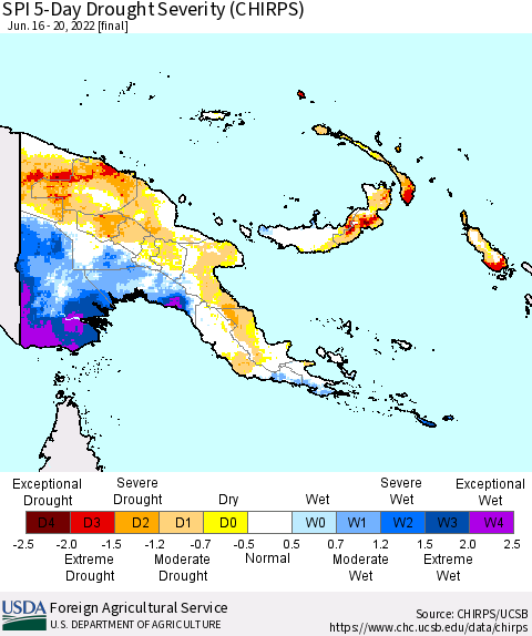 Papua New Guinea SPI 5-Day Drought Severity (CHIRPS) Thematic Map For 6/16/2022 - 6/20/2022