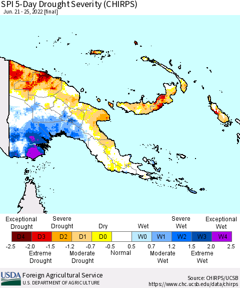 Papua New Guinea SPI 5-Day Drought Severity (CHIRPS) Thematic Map For 6/21/2022 - 6/25/2022