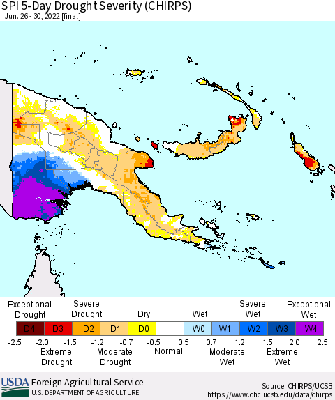 Papua New Guinea SPI 5-Day Drought Severity (CHIRPS) Thematic Map For 6/26/2022 - 6/30/2022