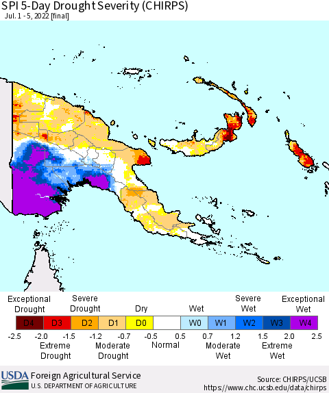 Papua New Guinea SPI 5-Day Drought Severity (CHIRPS) Thematic Map For 7/1/2022 - 7/5/2022