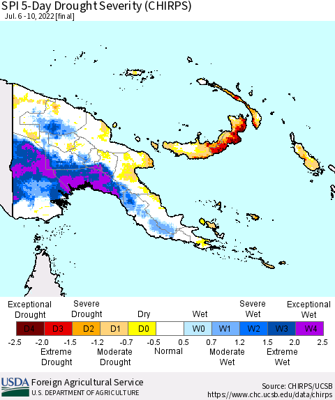 Papua New Guinea SPI 5-Day Drought Severity (CHIRPS) Thematic Map For 7/6/2022 - 7/10/2022