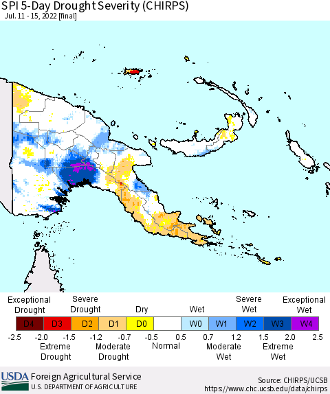 Papua New Guinea SPI 5-Day Drought Severity (CHIRPS) Thematic Map For 7/11/2022 - 7/15/2022