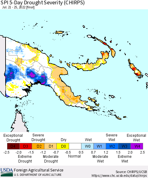 Papua New Guinea SPI 5-Day Drought Severity (CHIRPS) Thematic Map For 7/21/2022 - 7/25/2022