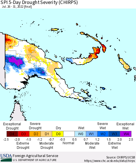 Papua New Guinea SPI 5-Day Drought Severity (CHIRPS) Thematic Map For 7/26/2022 - 7/31/2022