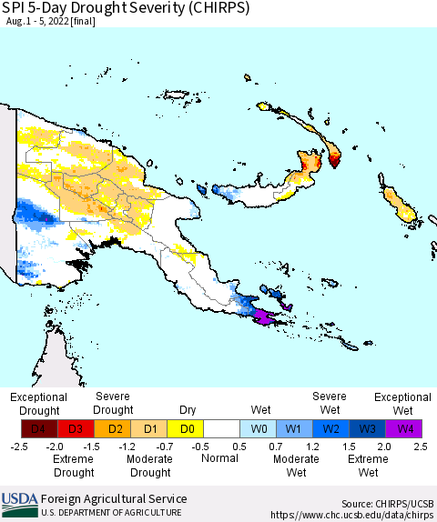 Papua New Guinea SPI 5-Day Drought Severity (CHIRPS) Thematic Map For 8/1/2022 - 8/5/2022
