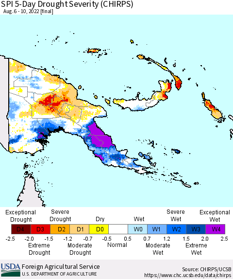 Papua New Guinea SPI 5-Day Drought Severity (CHIRPS) Thematic Map For 8/6/2022 - 8/10/2022