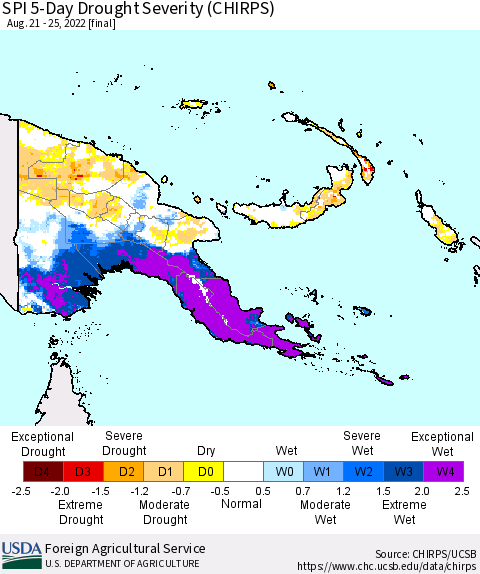 Papua New Guinea SPI 5-Day Drought Severity (CHIRPS) Thematic Map For 8/21/2022 - 8/25/2022