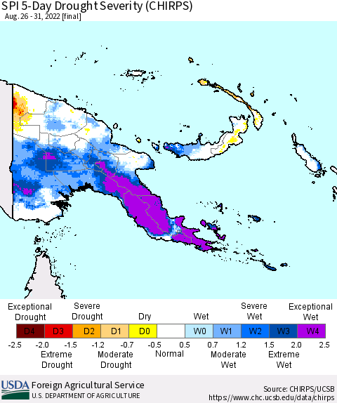 Papua New Guinea SPI 5-Day Drought Severity (CHIRPS) Thematic Map For 8/26/2022 - 8/31/2022
