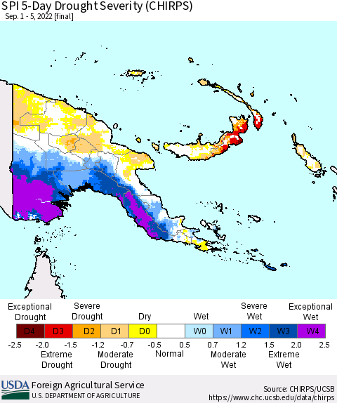 Papua New Guinea SPI 5-Day Drought Severity (CHIRPS) Thematic Map For 9/1/2022 - 9/5/2022