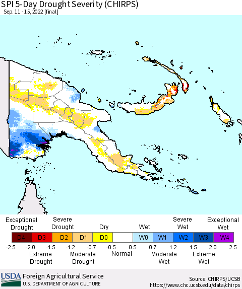 Papua New Guinea SPI 5-Day Drought Severity (CHIRPS) Thematic Map For 9/11/2022 - 9/15/2022