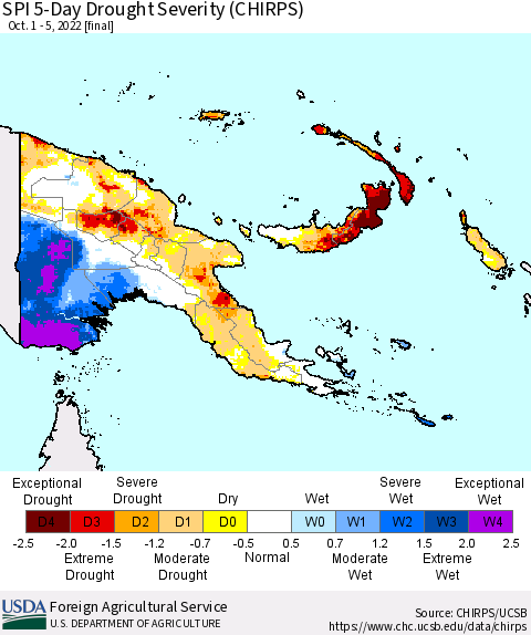 Papua New Guinea SPI 5-Day Drought Severity (CHIRPS) Thematic Map For 10/1/2022 - 10/5/2022