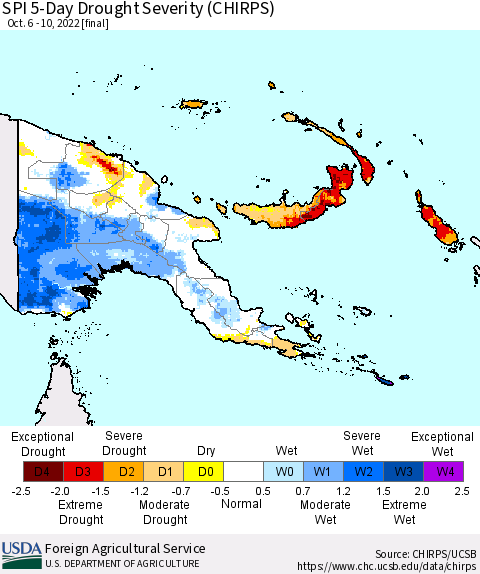 Papua New Guinea SPI 5-Day Drought Severity (CHIRPS) Thematic Map For 10/6/2022 - 10/10/2022