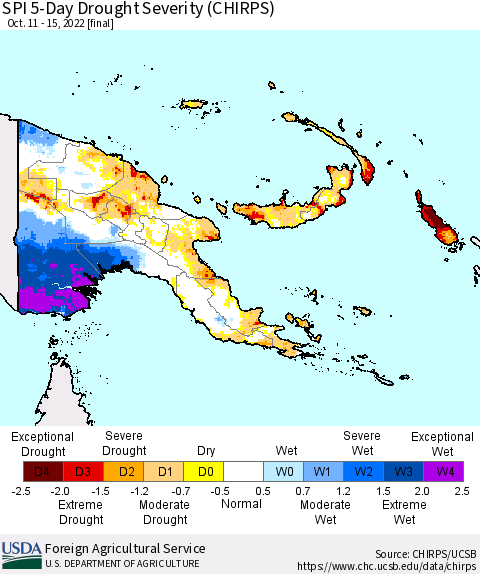 Papua New Guinea SPI 5-Day Drought Severity (CHIRPS) Thematic Map For 10/11/2022 - 10/15/2022