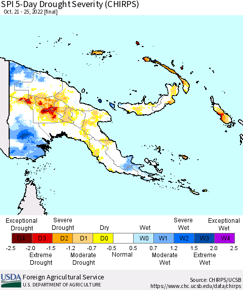 Papua New Guinea SPI 5-Day Drought Severity (CHIRPS) Thematic Map For 10/21/2022 - 10/25/2022