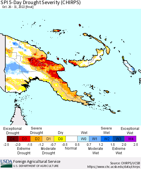 Papua New Guinea SPI 5-Day Drought Severity (CHIRPS) Thematic Map For 10/26/2022 - 10/31/2022