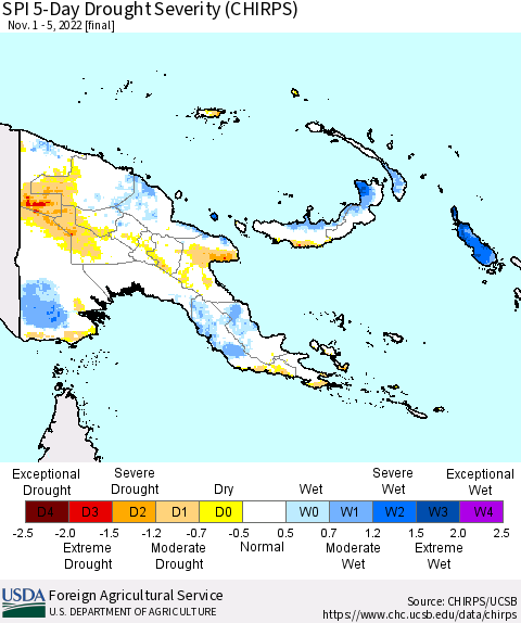 Papua New Guinea SPI 5-Day Drought Severity (CHIRPS) Thematic Map For 11/1/2022 - 11/5/2022