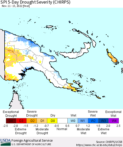 Papua New Guinea SPI 5-Day Drought Severity (CHIRPS) Thematic Map For 11/11/2022 - 11/15/2022