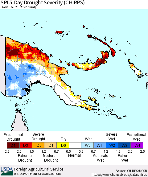 Papua New Guinea SPI 5-Day Drought Severity (CHIRPS) Thematic Map For 11/16/2022 - 11/20/2022