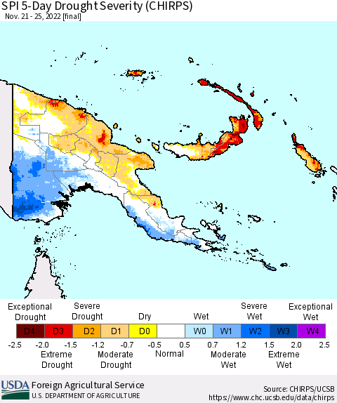 Papua New Guinea SPI 5-Day Drought Severity (CHIRPS) Thematic Map For 11/21/2022 - 11/25/2022