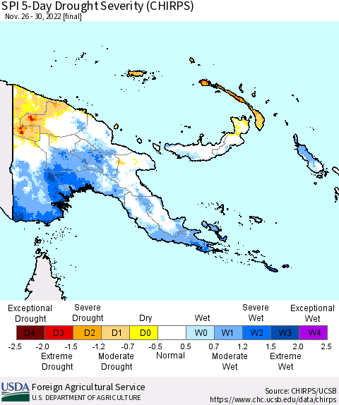 Papua New Guinea SPI 5-Day Drought Severity (CHIRPS) Thematic Map For 11/26/2022 - 11/30/2022