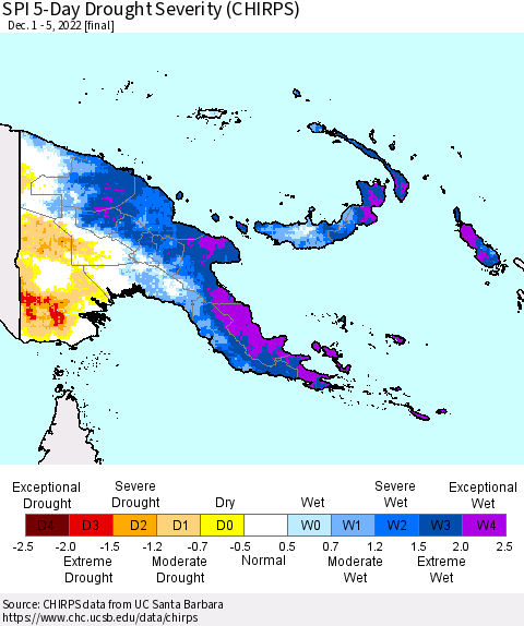 Papua New Guinea SPI 5-Day Drought Severity (CHIRPS) Thematic Map For 12/1/2022 - 12/5/2022