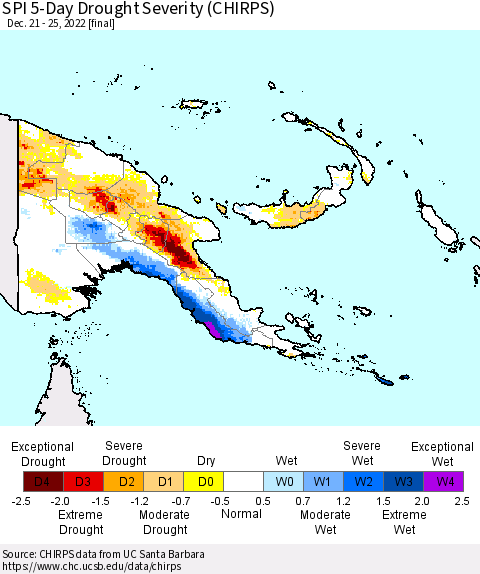 Papua New Guinea SPI 5-Day Drought Severity (CHIRPS) Thematic Map For 12/21/2022 - 12/25/2022