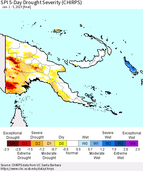 Papua New Guinea SPI 5-Day Drought Severity (CHIRPS) Thematic Map For 1/1/2023 - 1/5/2023