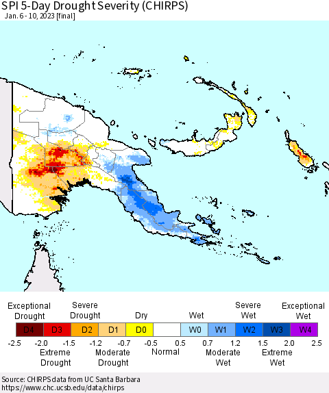Papua New Guinea SPI 5-Day Drought Severity (CHIRPS) Thematic Map For 1/6/2023 - 1/10/2023