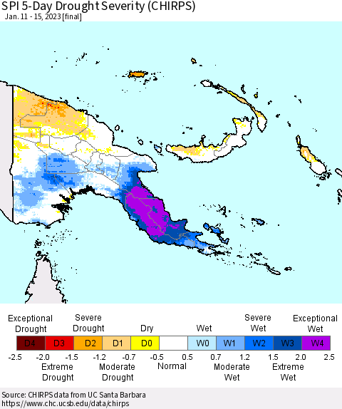 Papua New Guinea SPI 5-Day Drought Severity (CHIRPS) Thematic Map For 1/11/2023 - 1/15/2023