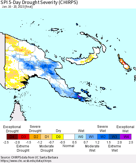 Papua New Guinea SPI 5-Day Drought Severity (CHIRPS) Thematic Map For 1/16/2023 - 1/20/2023