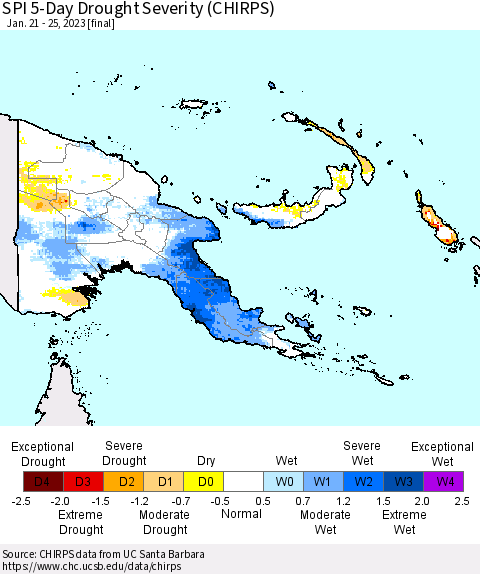Papua New Guinea SPI 5-Day Drought Severity (CHIRPS) Thematic Map For 1/21/2023 - 1/25/2023