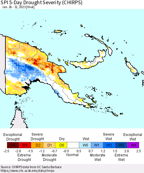 Papua New Guinea SPI 5-Day Drought Severity (CHIRPS) Thematic Map For 1/26/2023 - 1/31/2023