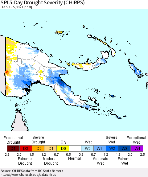 Papua New Guinea SPI 5-Day Drought Severity (CHIRPS) Thematic Map For 2/1/2023 - 2/5/2023