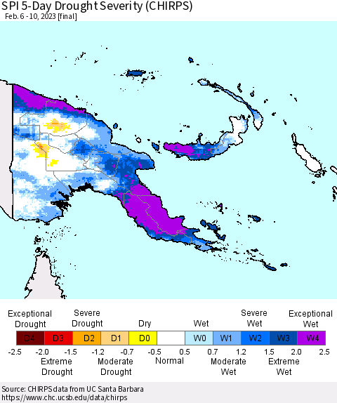 Papua New Guinea SPI 5-Day Drought Severity (CHIRPS) Thematic Map For 2/6/2023 - 2/10/2023