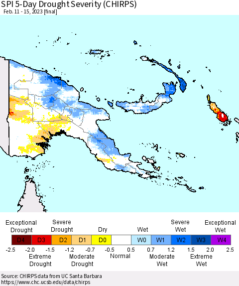 Papua New Guinea SPI 5-Day Drought Severity (CHIRPS) Thematic Map For 2/11/2023 - 2/15/2023