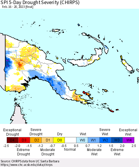 Papua New Guinea SPI 5-Day Drought Severity (CHIRPS) Thematic Map For 2/16/2023 - 2/20/2023