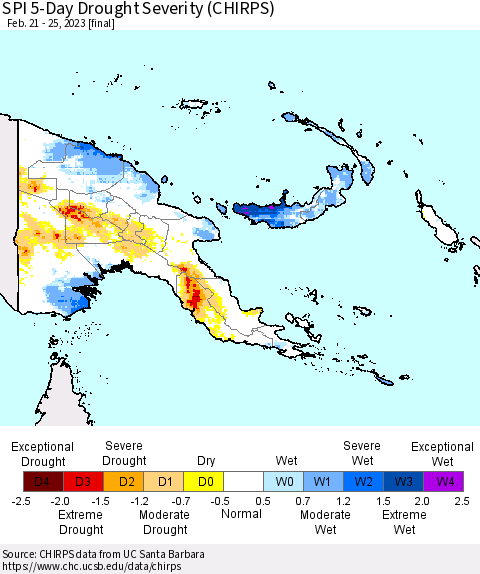 Papua New Guinea SPI 5-Day Drought Severity (CHIRPS) Thematic Map For 2/21/2023 - 2/25/2023