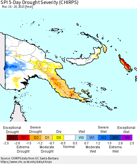 Papua New Guinea SPI 5-Day Drought Severity (CHIRPS) Thematic Map For 3/16/2023 - 3/20/2023