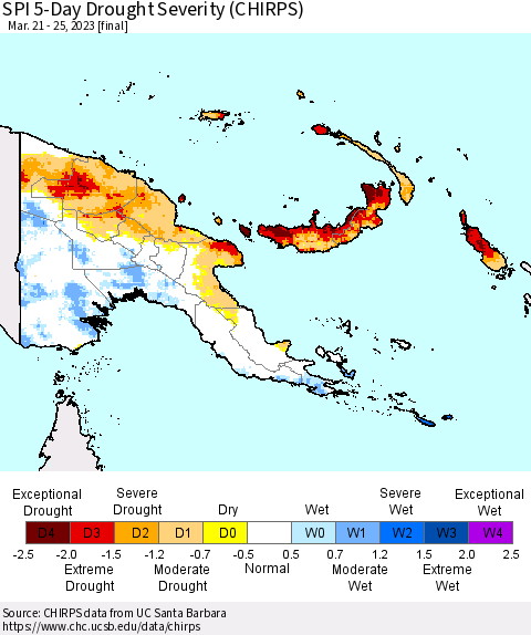 Papua New Guinea SPI 5-Day Drought Severity (CHIRPS) Thematic Map For 3/21/2023 - 3/25/2023