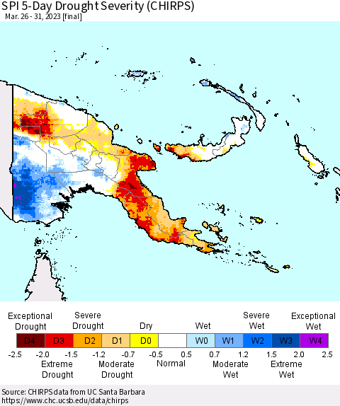 Papua New Guinea SPI 5-Day Drought Severity (CHIRPS) Thematic Map For 3/26/2023 - 3/31/2023