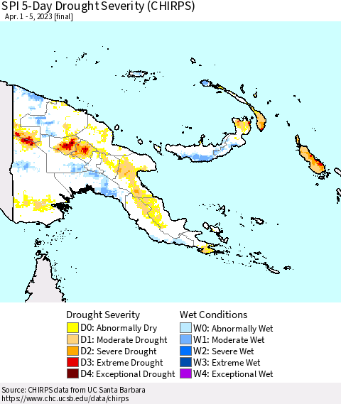 Papua New Guinea SPI 5-Day Drought Severity (CHIRPS) Thematic Map For 4/1/2023 - 4/5/2023