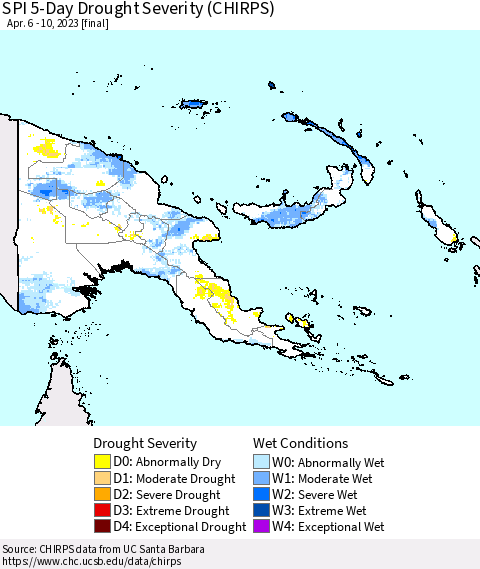 Papua New Guinea SPI 5-Day Drought Severity (CHIRPS) Thematic Map For 4/6/2023 - 4/10/2023