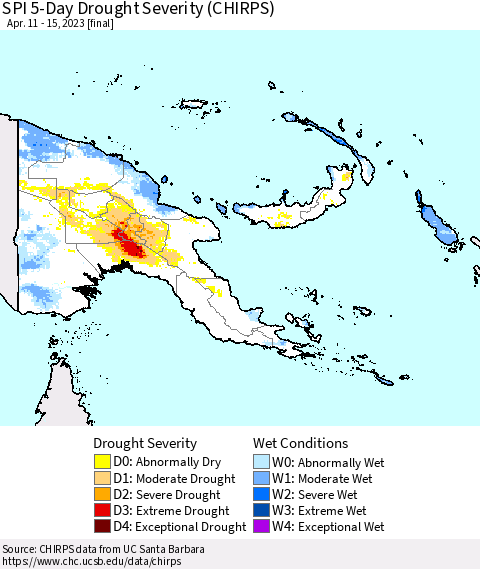 Papua New Guinea SPI 5-Day Drought Severity (CHIRPS) Thematic Map For 4/11/2023 - 4/15/2023