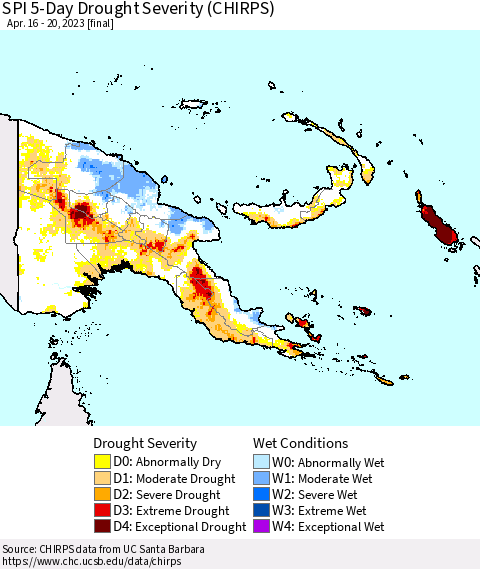 Papua New Guinea SPI 5-Day Drought Severity (CHIRPS) Thematic Map For 4/16/2023 - 4/20/2023