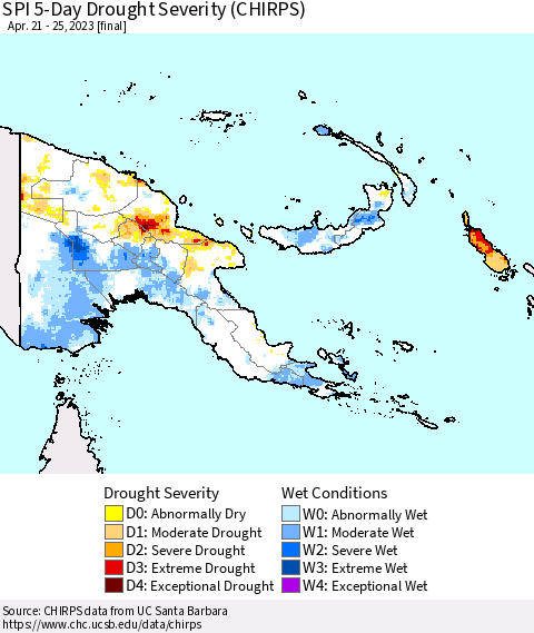 Papua New Guinea SPI 5-Day Drought Severity (CHIRPS) Thematic Map For 4/21/2023 - 4/25/2023