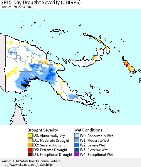 Papua New Guinea SPI 5-Day Drought Severity (CHIRPS) Thematic Map For 4/26/2023 - 4/30/2023