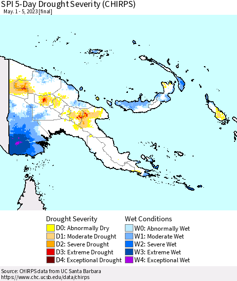 Papua New Guinea SPI 5-Day Drought Severity (CHIRPS) Thematic Map For 5/1/2023 - 5/5/2023