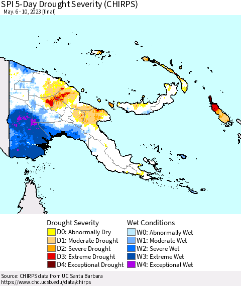Papua New Guinea SPI 5-Day Drought Severity (CHIRPS) Thematic Map For 5/6/2023 - 5/10/2023