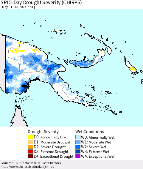 Papua New Guinea SPI 5-Day Drought Severity (CHIRPS) Thematic Map For 5/11/2023 - 5/15/2023