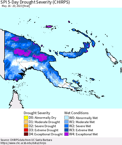 Papua New Guinea SPI 5-Day Drought Severity (CHIRPS) Thematic Map For 5/16/2023 - 5/20/2023